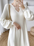 Wjczt Solid Casual Knitted Dress Autumn Winter Women Large Size Loose V-Neck Mid-Calf Long Sleeve Bottoming Maternity Sweater Dress