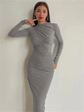 Wjczt Fashion Pleated Autumn Dress Patchwork Elegant Women Long Sleeve Solid Vestidos Slim High Waist Bodycon Maxi Dress 2025