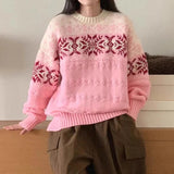 Wjczt Korean Lazy Style Sweater Woman 2025 Outerwears Hit Color Jacquard Pullovers Loose Knitted Ropa Mujer Autumn Winter Clothes