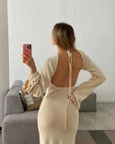 Wjczt 2024 Sexy Solid Women Ribbed Knit Ruffle Trim Long Dress Long Sleeve Bodycon Party Cocktail Dress Flare Summer Beach Cover Up