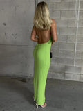 Wjczt Ribbed Knitted Sexy Backless Split Maxi Dress for Women Summer Holiday Sleeveless Straps Bodycon Dresses Clothes Sexy Dress