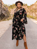 Wjczt Plus Size Floral Flare Sleeve Dress