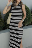 Wjczt Slit Striped Round Neck Sleeveless Midi Dress