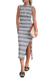 Wjczt Slit Striped Round Neck Sleeveless Midi Dress