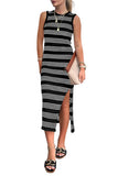 Wjczt Slit Striped Round Neck Sleeveless Midi Dress