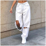 Wjczt - High Waist Women's Jeans Retro Women Wide Leg Pants Trousers Streetwear Holes Ripped Y2K Jean Teen Girls Straight Denim Jeans