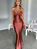 Wjczt Satin Backless Lace Up Mermaid Slip Dress Women Sweetheart Neck Sexy Slim Bodycon Dresses Elegant Silk Gown Partywear