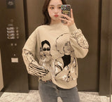 Wjczt Women Charater Print Gray Sweatshirts Oversize Long Sleeve O Neck Loose Pullovers Female Tops 4H1 # Hoodie # Women Hoodie