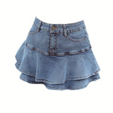 Wjczt 2022 Summer Low Waist A Line Denim Skirt Women Sexy Pleated Mini Jeans Skirts Korean Style Casual Ruffles Wild Skirt Shorts