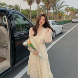 Wjczt V-neck Elegant Sweet Dress Women Long Sleeve Chiffon Floral Dress Party Beach Dress for Females Korean Style Summer Chic