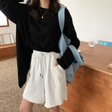 Wjczt Summer New Loose High Waist Slim Sports Shorts Women Korean Style Casual Wide-leg Short Female Drawstring Black Shorts OL