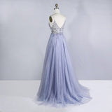 Wjczt Beaded Crystal Prom Dresses 2023 Long Sexy See Through A-Line Split Tulle V Neck Spaghetti Strap Evening Formal Gown