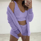 Wjczt Three Piece Sexy Fluffy Outfits Plush Velvet Hooded Cardigan Coat+Shorts+Crop Top Women Tracksuit Sets Casual Sports Sweatshirt