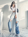Wjczt Women  Retro Jeans High Waist Ripped Hole Fringe Hem Female Wide Leg Denim Jeans 2021 Streetwear Gradient Color Denim Trousers