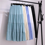 Wjczt Summer Stitching Cotton and Linen Skirt Elegant Elastic High Waist Ruffles Pleated All-match A Line Skirt Casual Beach Holiday