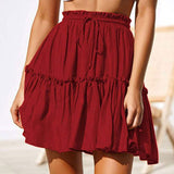 Wjczt Summer Short Skirts Women Vintage Ruffled Mini Skirt with Sashes Casual Boho Pleated A Line Holiday Beach Wear
