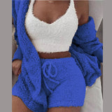 Wjczt Three Piece Sexy Fluffy Outfits Plush Velvet Hooded Cardigan Coat+Shorts+Crop Top Women Tracksuit Sets Casual Sports Sweatshirt