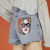 Wjczt Women Summer Ripped Denim Shorts Vintage High Street Harajuku Short Jeans Casual Portrait Pocket High Waist Jean Shorts Pants