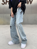 Wjczt Streetwear Korean Fashion Cross Applique Jeans Woman High Waist Y2k Straight Baggy Pants Versatile Casual Grey Denim Trousers