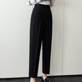 Wjczt Autumn Loose Straight High Waist Cropped Trousers Women Casual Solid Button Work Pants Female Cozy Thin Pencil Pants