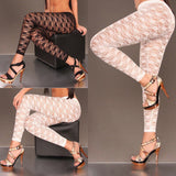 Wjczt Women Leggings Sexy Floral Print Stylish Skinny Lace Hollow Out See-Through Elastic Bodycon Black White Hot Trousers