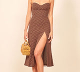 Wjczt Retro Dresses Slim Chic Brown Dress Sexy Dot Print Split Vestidos Vintage Tube Top Women Dress