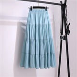 Wjczt Summer Stitching Cotton and Linen Skirt Elegant Elastic High Waist Ruffles Pleated All-match A Line Skirt Casual Beach Holiday