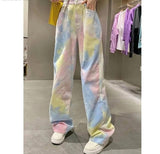 Wjczt Retro Jeans for Women High Waist Female Tie Dye Hip hop Wide Leg Denim Jeans Streetwear Women Loose Denim Trousers New