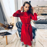 Wjczt Casual O-Neck Satin Party Dress Women Lantern Sleeve Sashes A-Line Knee-Length Dress New Fashion Holiiday