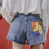 Wjczt Women Summer Ripped Denim Shorts Vintage High Street Harajuku Short Jeans Casual Portrait Pocket High Waist Jean Shorts Pants