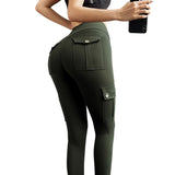 Wjczt New Women Leggings Withe Pocket Solid High Waist Push Up Polyester Workout Leggings Cargo Pants Casual Hip Pop Pants Fitness