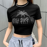 Wjczt Summer Tank Tops Punk Vintage Rhinestone Spider Graphic Black Vest Gothic Style O-neck Short Sleeve Crop Top Women Slim Tanks