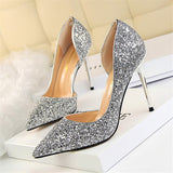 Wjczt Plus Size 34-43 Women Pumps Sequined Cloth Shallow Fashion High Heels Shoes Side Cut-Outs Sexy Pointy Toe Woman Bride Shoe Party