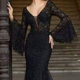 Wjczt Sexy V Neck Long Flare Sleeve Black Lace Dress Wedding Party Dresses Women  Evening Elegant Night Club Prom Long Maxi Dresses