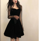 Wjczt Long Sleeve Dress Women Korean-style Vintage Elegant Mesh Square-collar Club-wear Mini Dresses Sexy Lady A-line High-waist Slim