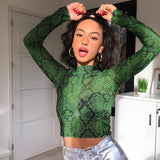 Wjczt Casual Green Snake Print T Shirt Women Mesh Top Long Sleeve Transparent Snakeskin Female T-shirt High Neck Crop Tops