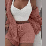 Wjczt Three Piece Sexy Fluffy Outfits Plush Velvet Hooded Cardigan Coat+Shorts+Crop Top Women Tracksuit Sets Casual Sports Sweatshirt