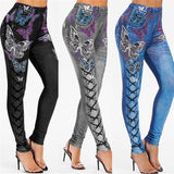 Wjczt Fashion Slim Women Leggings Print Butterfly Faux Denim Jeans Casual Pencil Leggings Ladies Fitness Leggings
