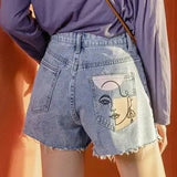 Wjczt Women Summer Ripped Denim Shorts Vintage High Street Harajuku Short Jeans Casual Portrait Pocket High Waist Jean Shorts Pants