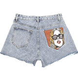 Wjczt Women Summer Ripped Denim Shorts Vintage High Street Harajuku Short Jeans Casual Portrait Pocket High Waist Jean Shorts Pants