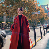 Wjczt Korea Women Spring Autumn Black Loose Long Wool Coat Jacket Belt Woolen Overcoat Split Hem Cardigan Outerwear 3XL