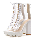 Wjczt Big Size 42 Sexy Strappy Transparent Sandal Woman Thick Heels Platform Party White Boots Peep Toe Zipper Catwalk PVC Women Shoes