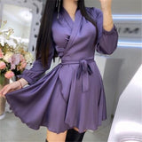 Wjczt Casual Lantern Sleeve Satin Bathrobe Dress Woman V-Neck High Waist Sashes A-Line Mini Dress One Piece Dress New