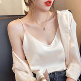 Wjczt 2022 Spaghetti Strap Top Women Halter V Neck Basic White Cami Sleeveless Satin Silk Tank Tops Women'S Summer Camisole