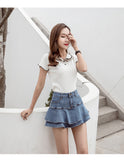 Wjczt 2022 Summer Low Waist A Line Denim Skirt Women Sexy Pleated Mini Jeans Skirts Korean Style Casual Ruffles Wild Skirt Shorts