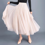 Wjczt Women 2021 Spring Autumn Solid Gauze Mesh High Waist Slim Long Skirt Sweet Pleated A-line Ball Gown Elegant Casual