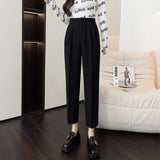 Wjczt Autumn Loose Straight High Waist Cropped Trousers Women Casual Solid Button Work Pants Female Cozy Thin Pencil Pants