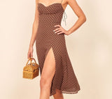 Wjczt Retro Dresses Slim Chic Brown Dress Sexy Dot Print Split Vestidos Vintage Tube Top Women Dress