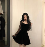 Wjczt Long Sleeve Dress Women Korean-style Vintage Elegant Mesh Square-collar Club-wear Mini Dresses Sexy Lady A-line High-waist Slim