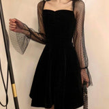 Wjczt Long Sleeve Dress Women Korean-style Vintage Elegant Mesh Square-collar Club-wear Mini Dresses Sexy Lady A-line High-waist Slim